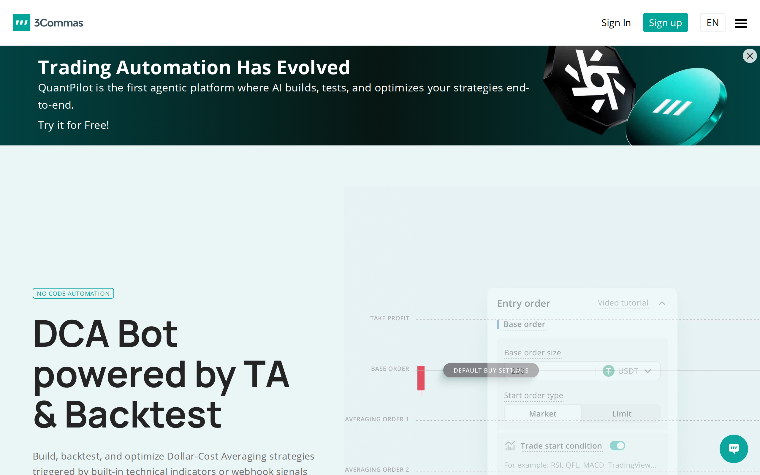 3Commas DCA bot page headline reading DCA Bot powered by TA and Backtest