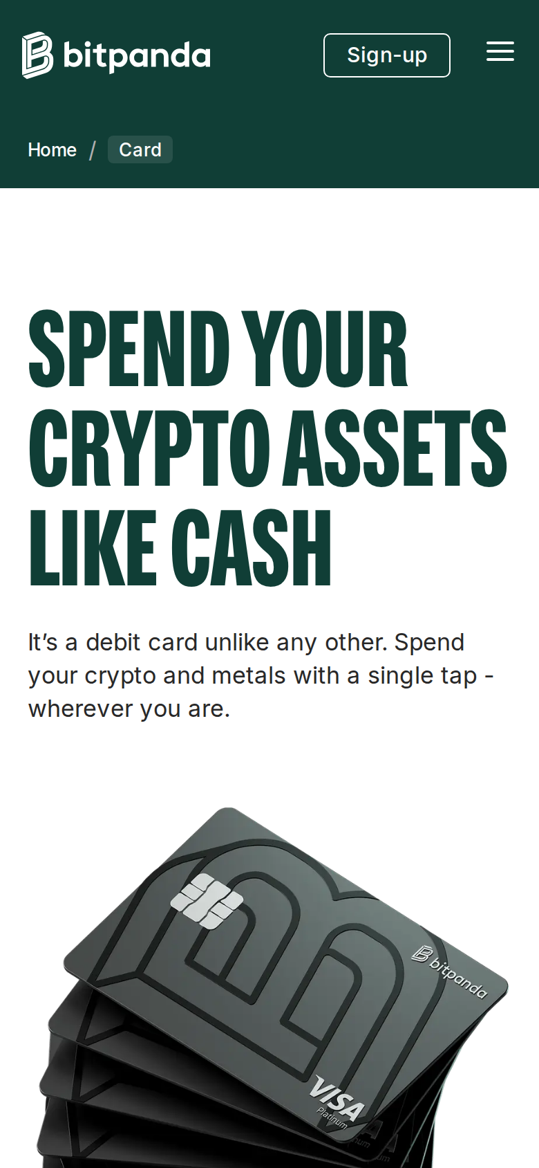 Bitpanda Card page viewed on a phone screen, showing the same spend-your-crypto headline and card image