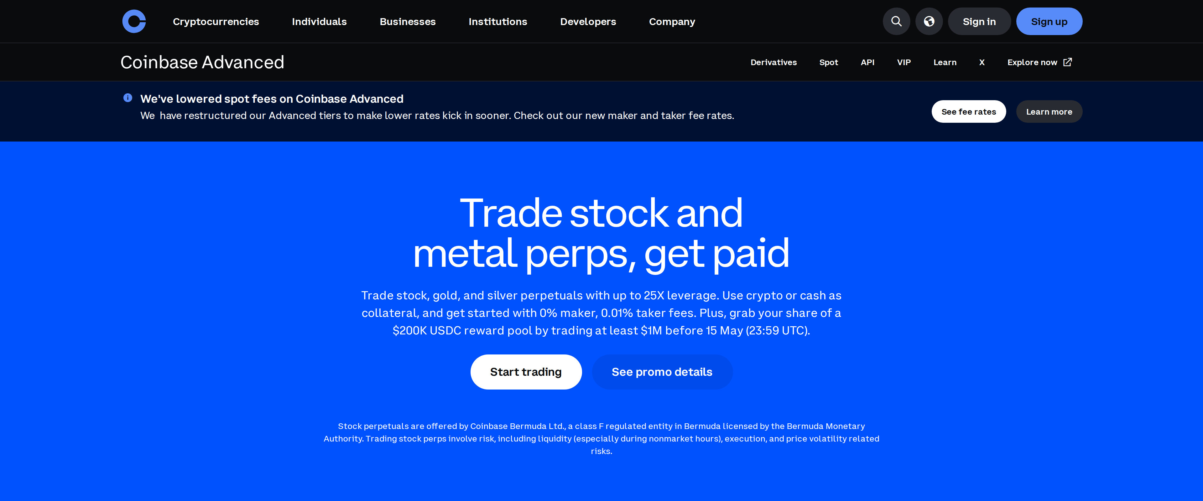 Coinbase Advanced Trade page describing lowered spot fees and new maker and taker rates