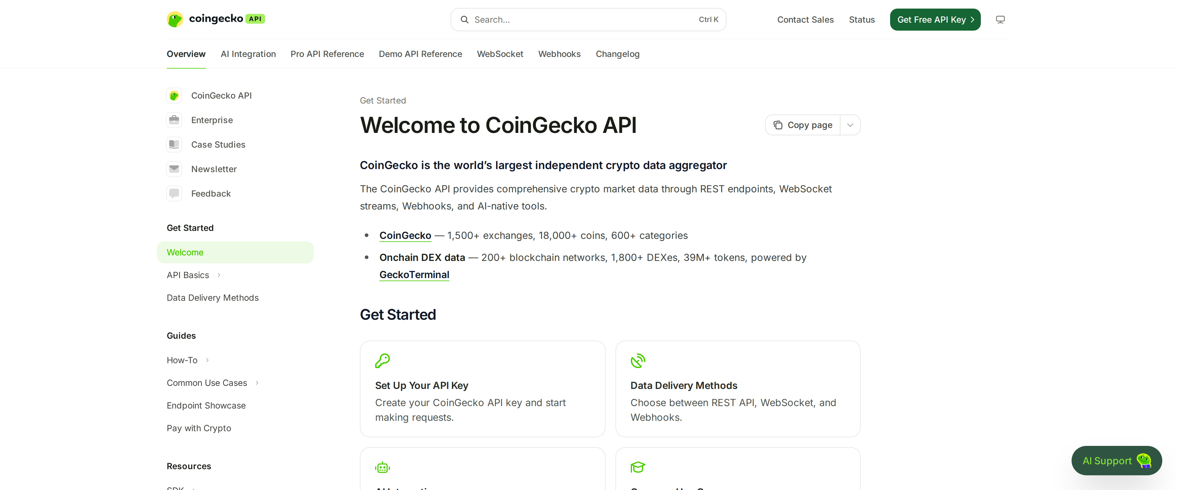 CoinGecko API documentation homepage listing coverage of 1,500+ exchanges and 18,000+ coins