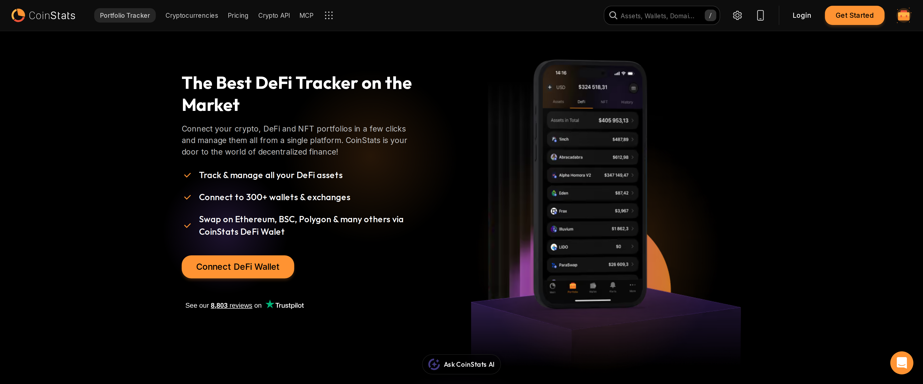 CoinStats' DeFi tracker page headlined The Best DeFi Tracker on the Market