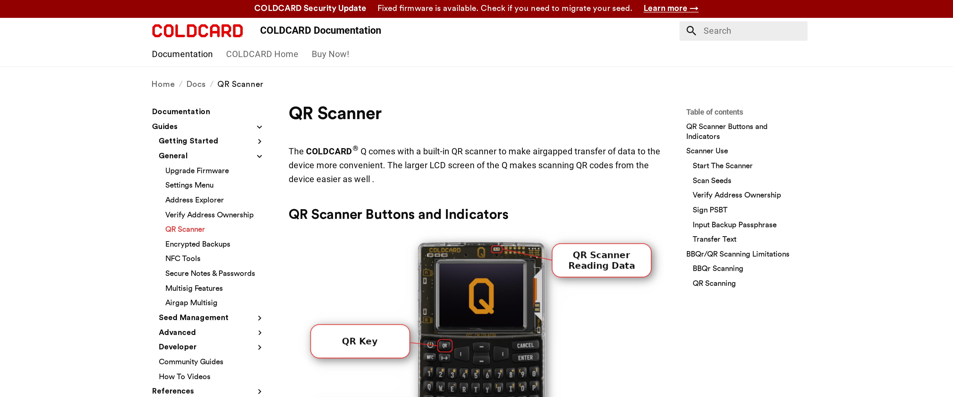 Coldcard documentation page showing the QR scanner buttons and indicators diagram