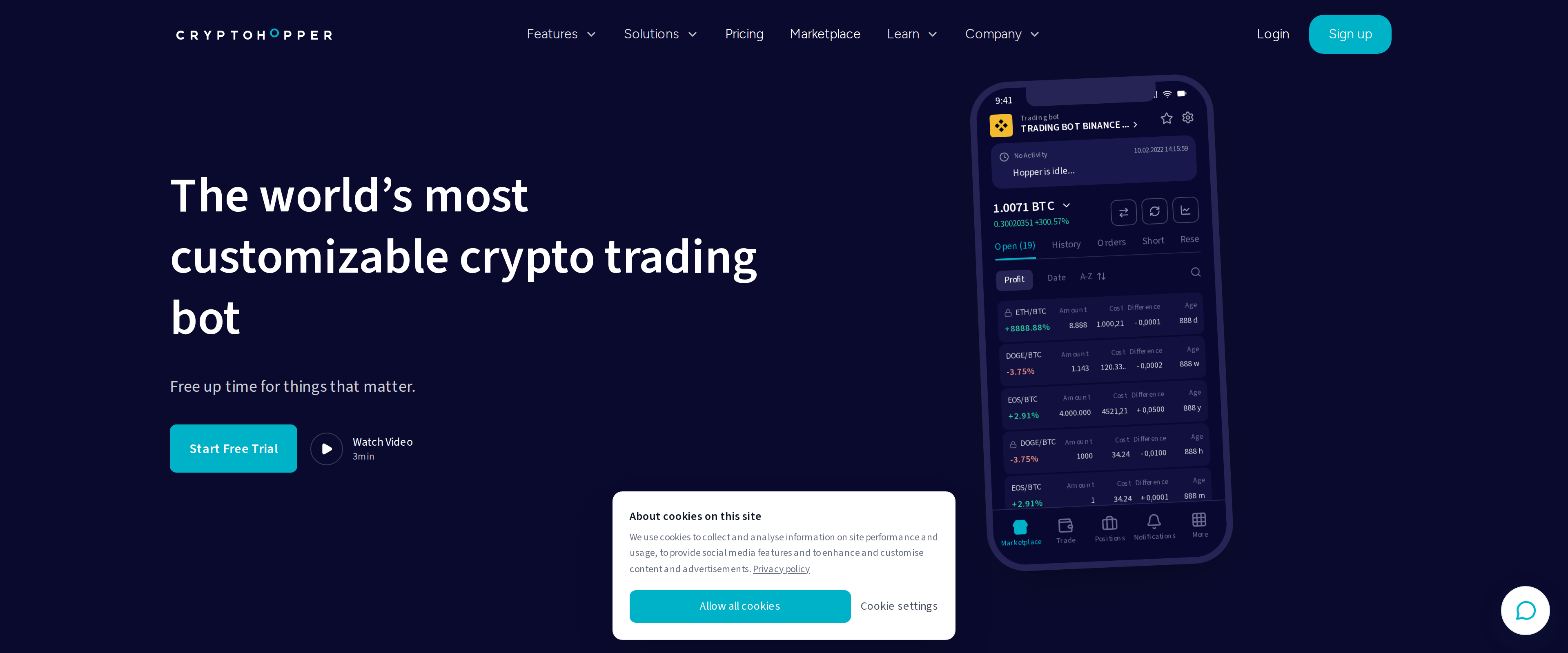 Cryptohopper homepage on a dark background with the headline The world's most customizable crypto trading bot and subheading Free up time for things that matter