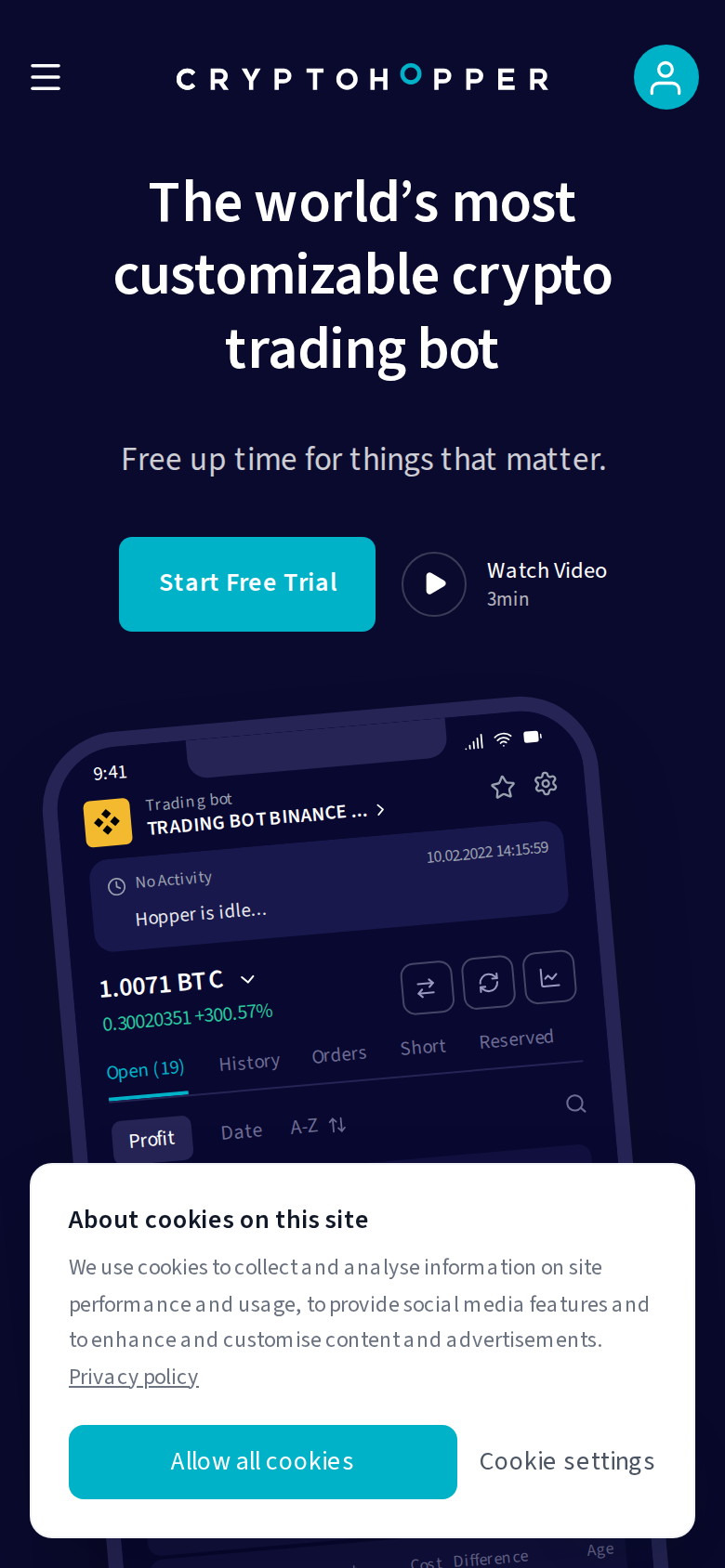 Cryptohopper's homepage rendered at phone width, showing the same dark-themed headline and trading bot pitch as the desktop site