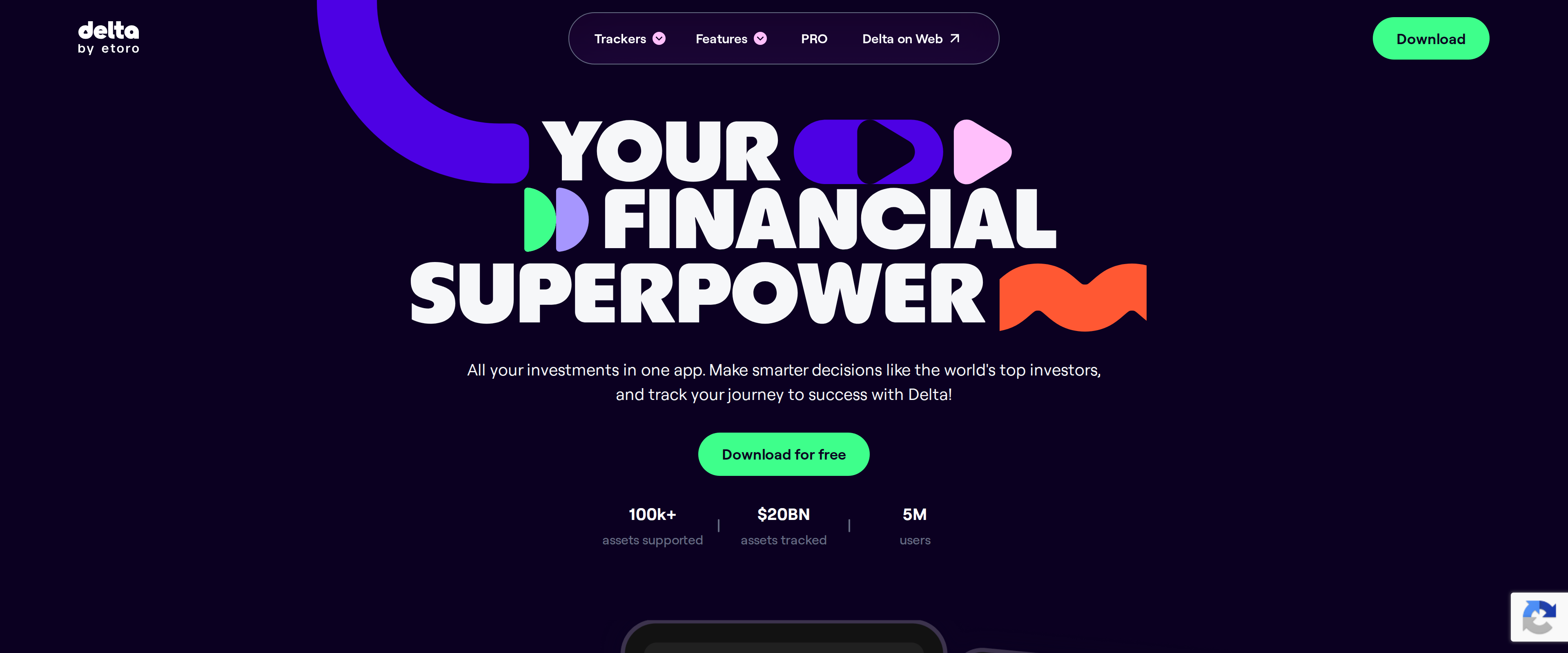 Delta by eToro homepage showing the headline All your investments in one app with a phone screen displaying tracked assets