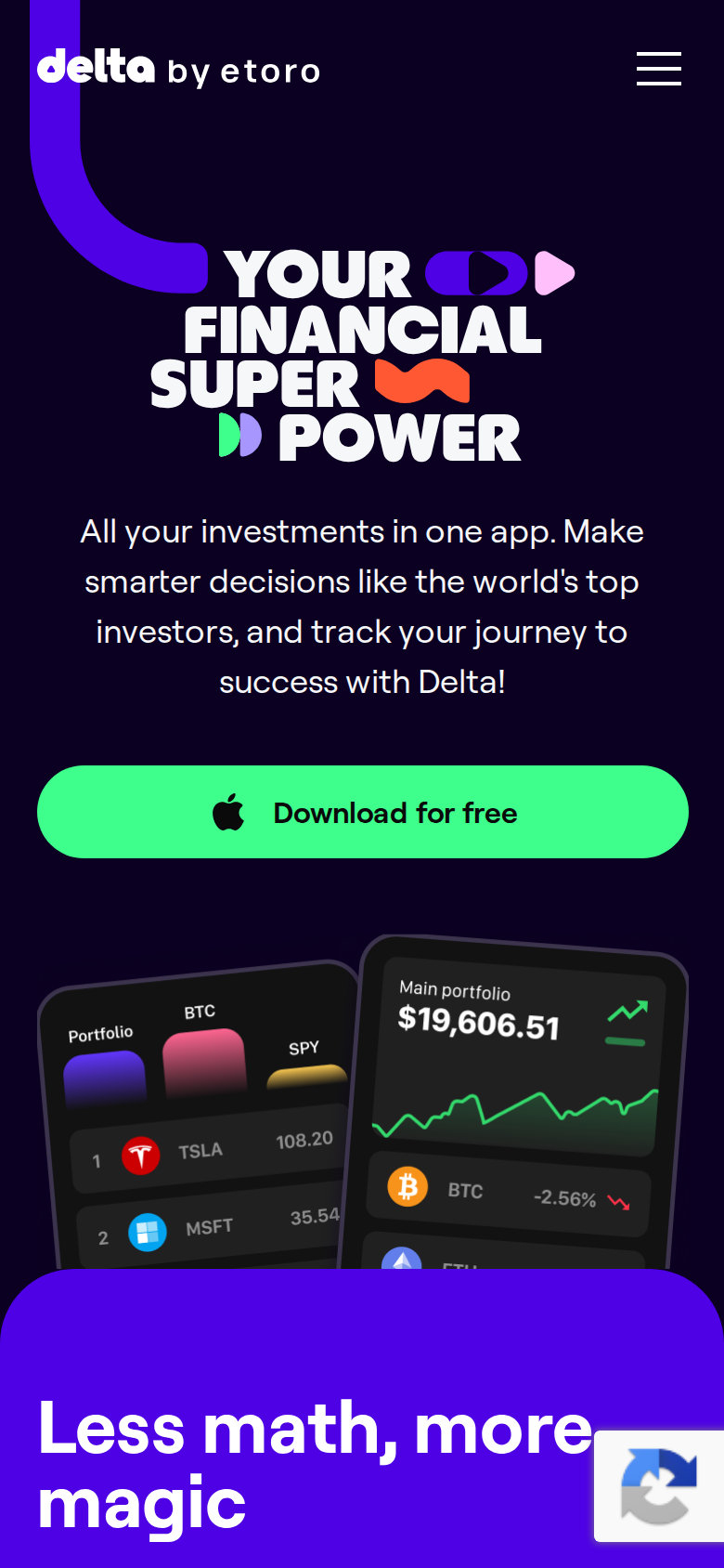 Delta app homepage viewed on a phone screen showing the headline Less math, more magic and a tracked-assets summary