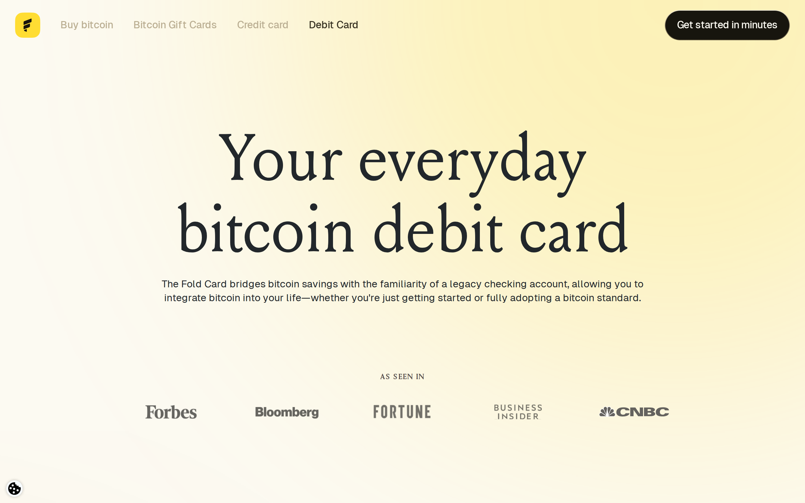 Fold debit card page headline reading Your everyday bitcoin debit card, describing how it bridges bitcoin savings with a checking account