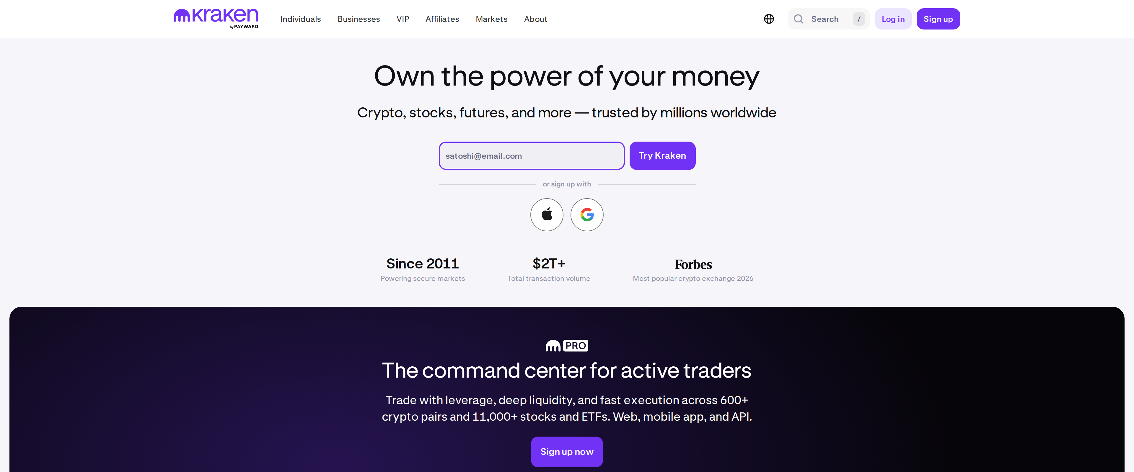 Kraken homepage headline reading Own the power of your money with The command center for active traders