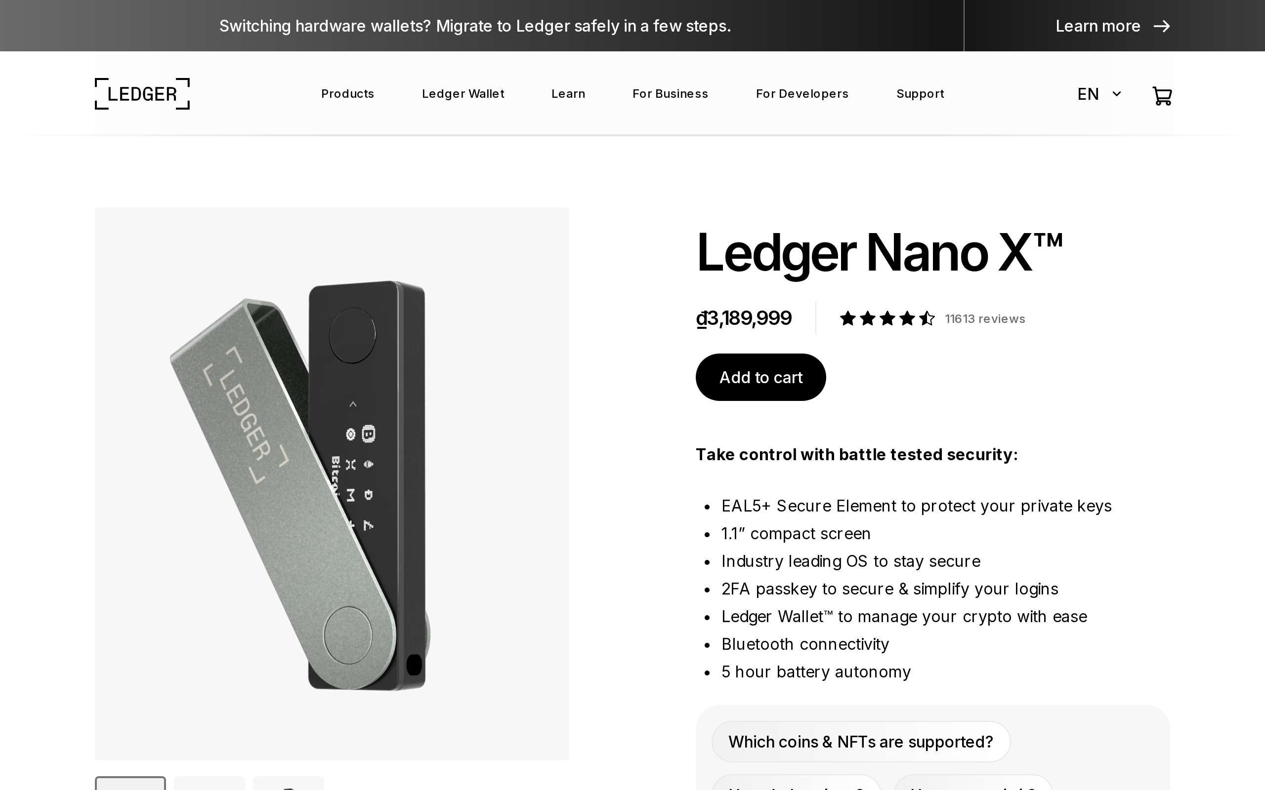 Ledger Nano X product page listing its EAL5+ secure element and Bluetooth pairing