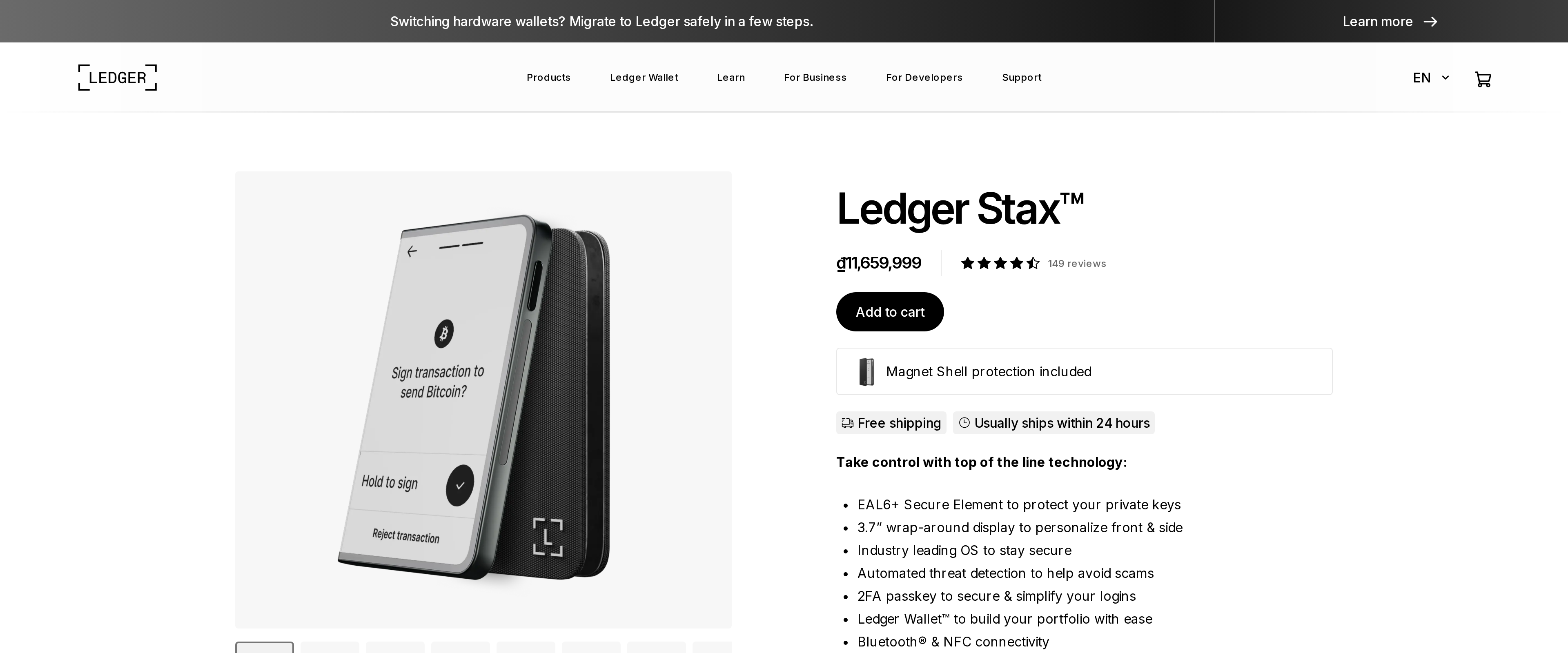 Ledger Stax product page reading Take control with top of the line technology and listing the EAL6+ Secure Element