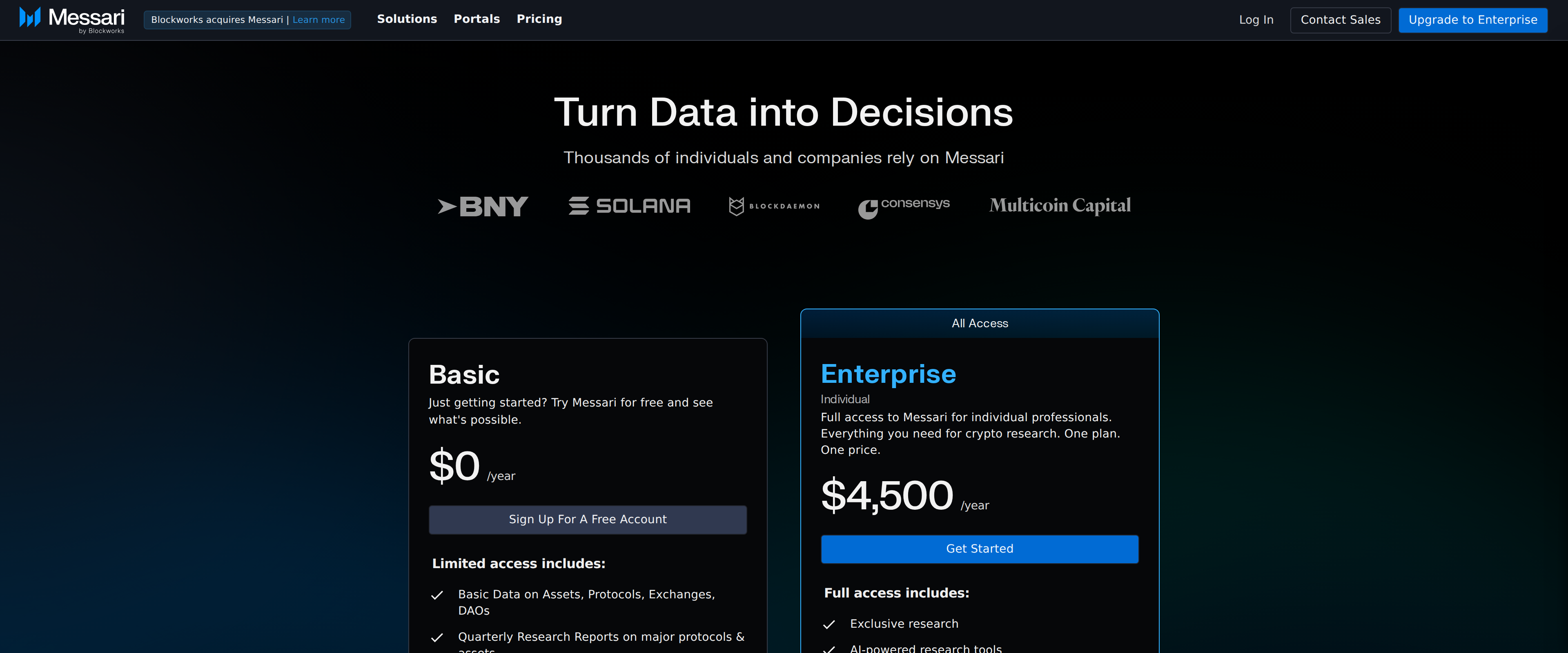 Messari pricing page showing a Basic plan at $0/year and an Enterprise plan at $4,500/year