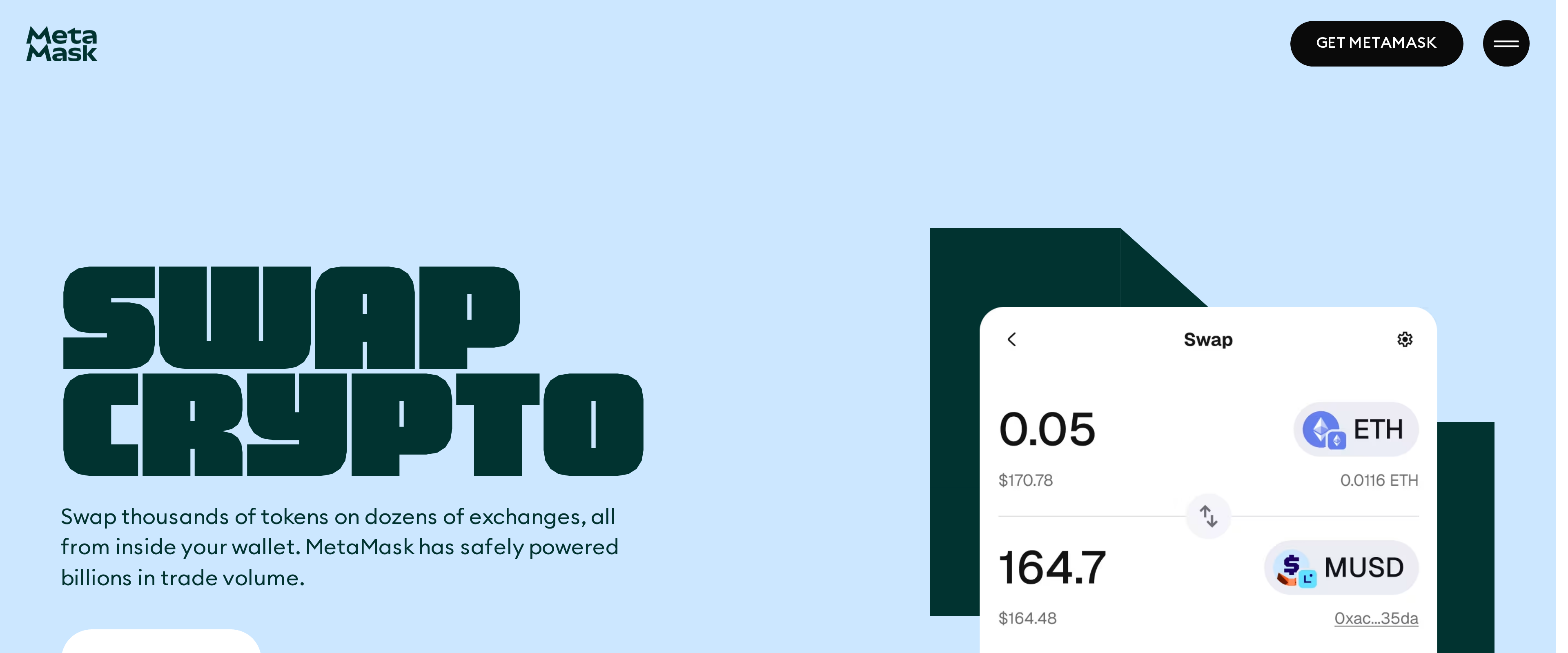MetaMask swap page describing access to thousands of tokens across dozens of exchanges
