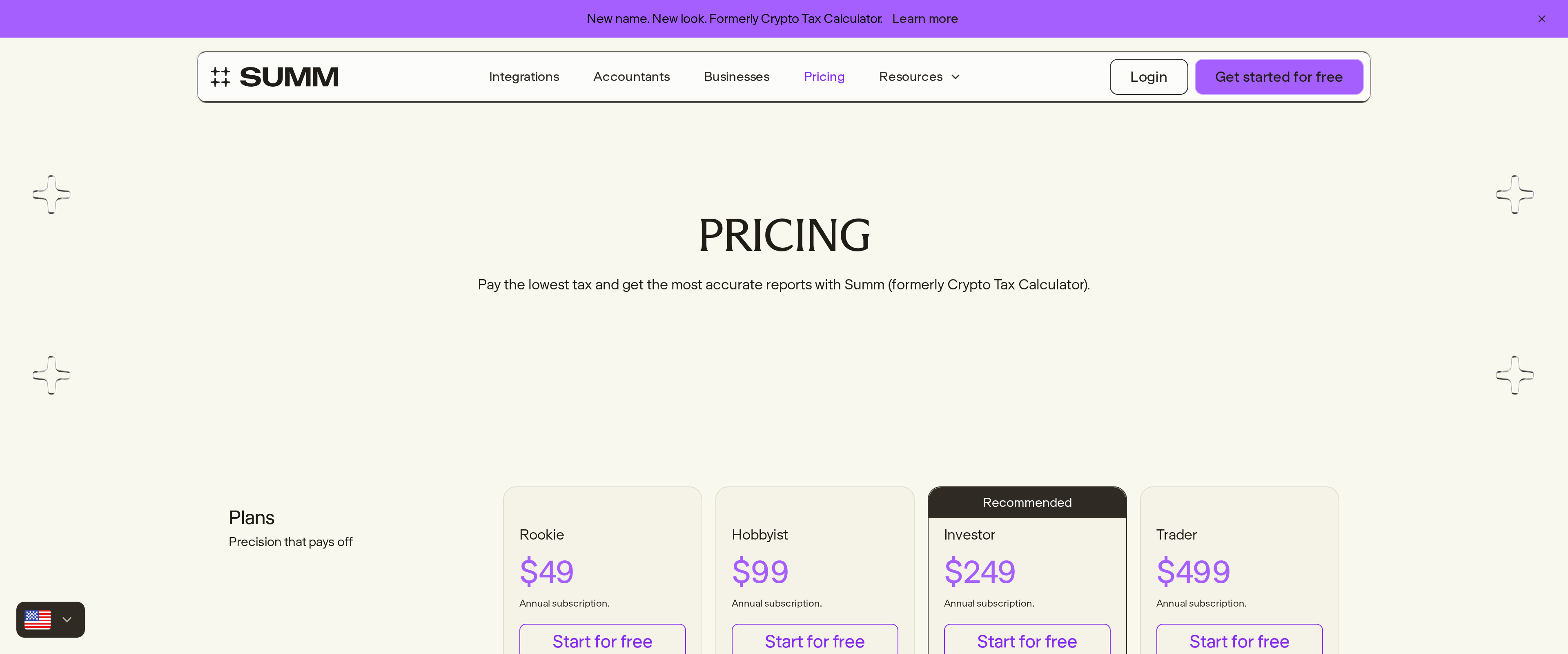 Summ's pricing page listing the Rookie, Hobbyist and Investor plans
