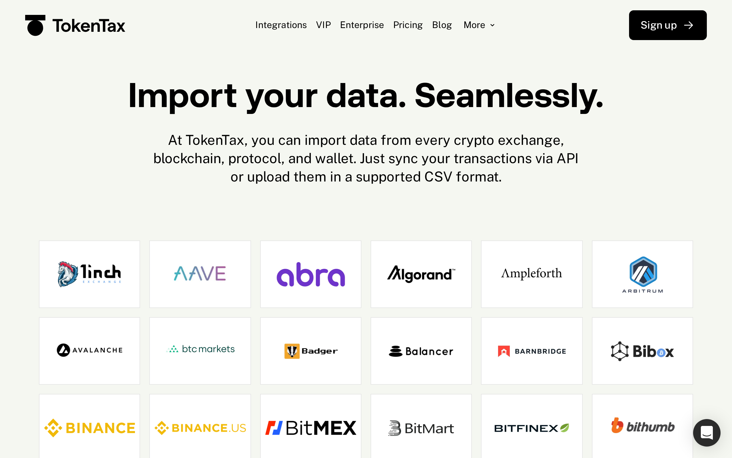 TokenTax integrations page listing supported exchanges, blockchains and wallets