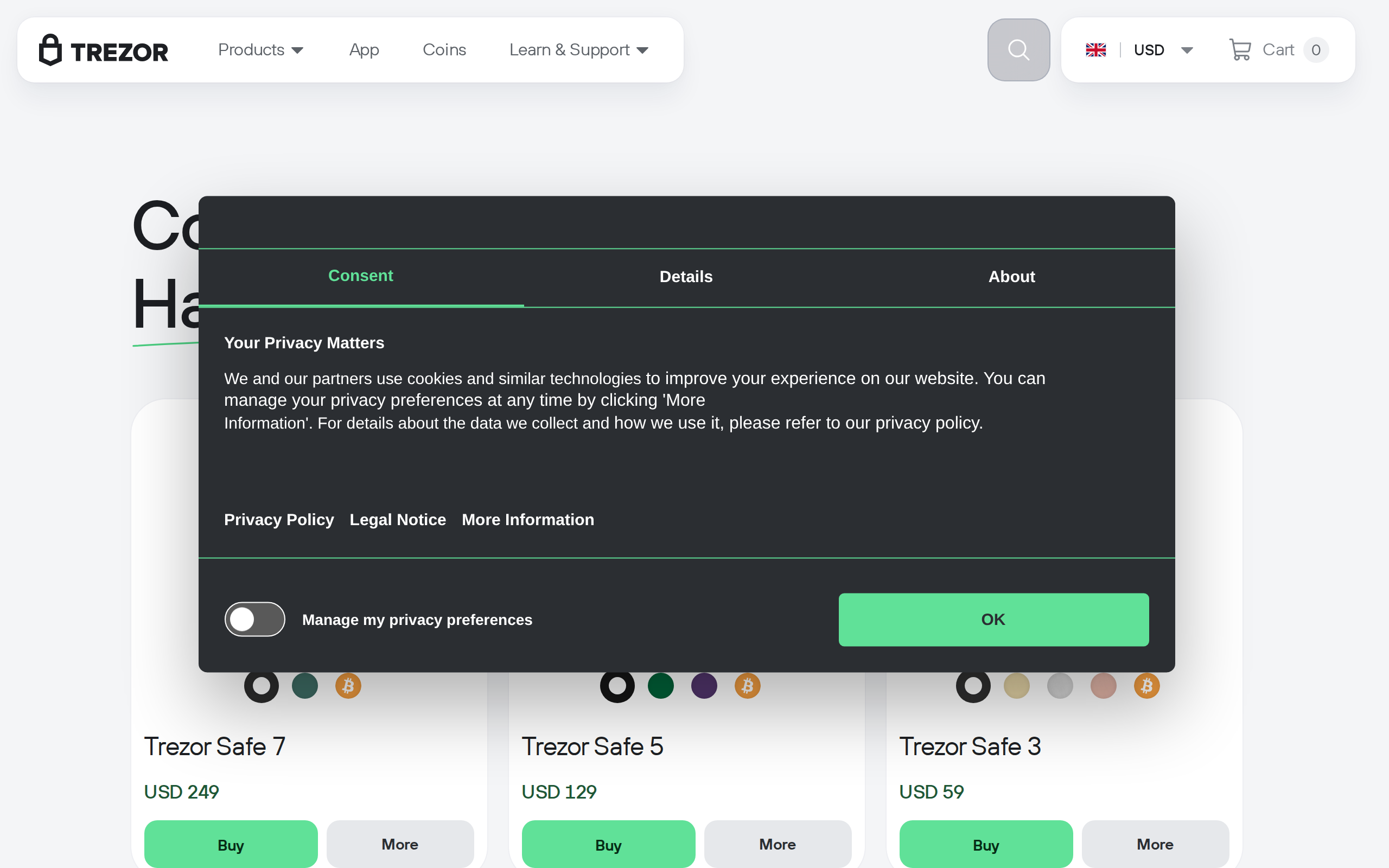 Trezor's Compare Trezor Hardware Wallets page showing product photos of the Safe 7, Safe 5 and Safe 3 devices side by side