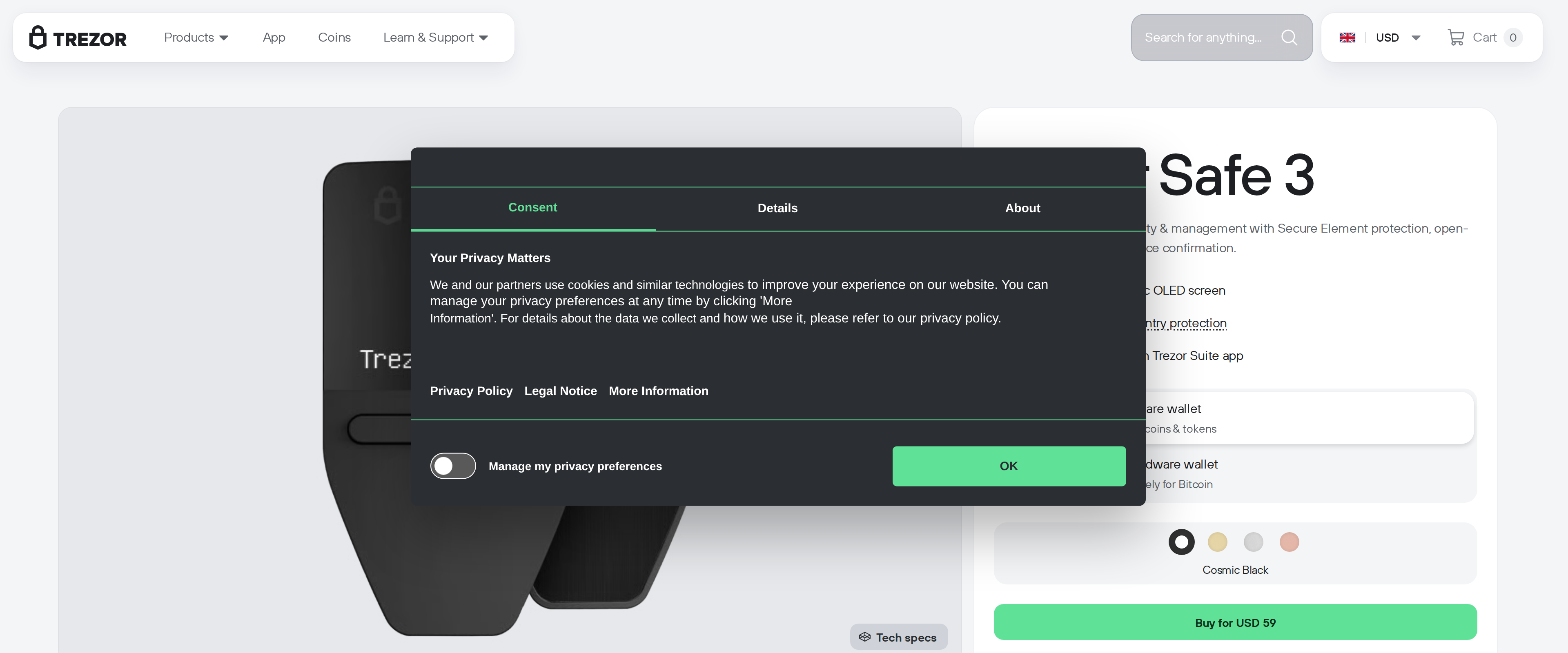 Trezor Safe 3 product page showing the Cosmic Black device and text describing Secure Element protection, open-source design and on-device confirmation