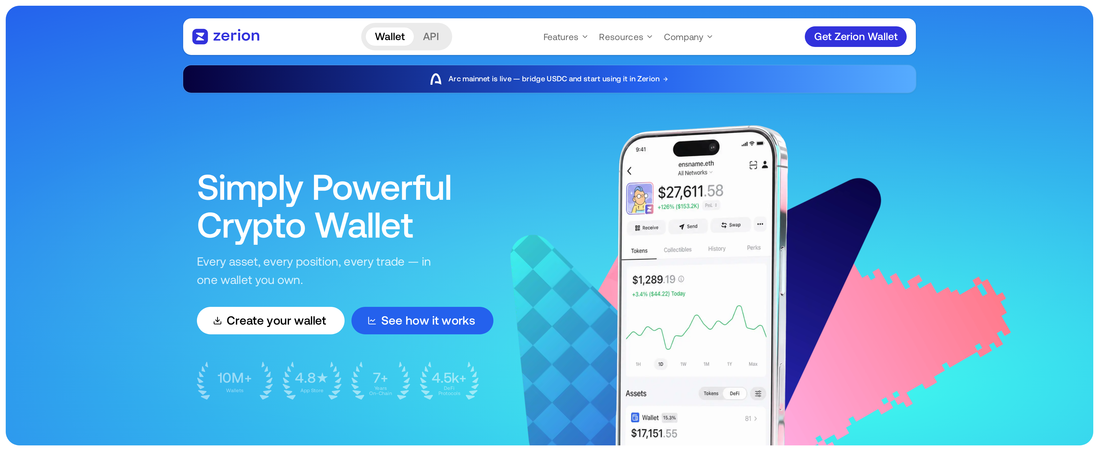 Zerion homepage headline reading Simply Powerful Crypto Wallet, with a phone showing a wallet portfolio view