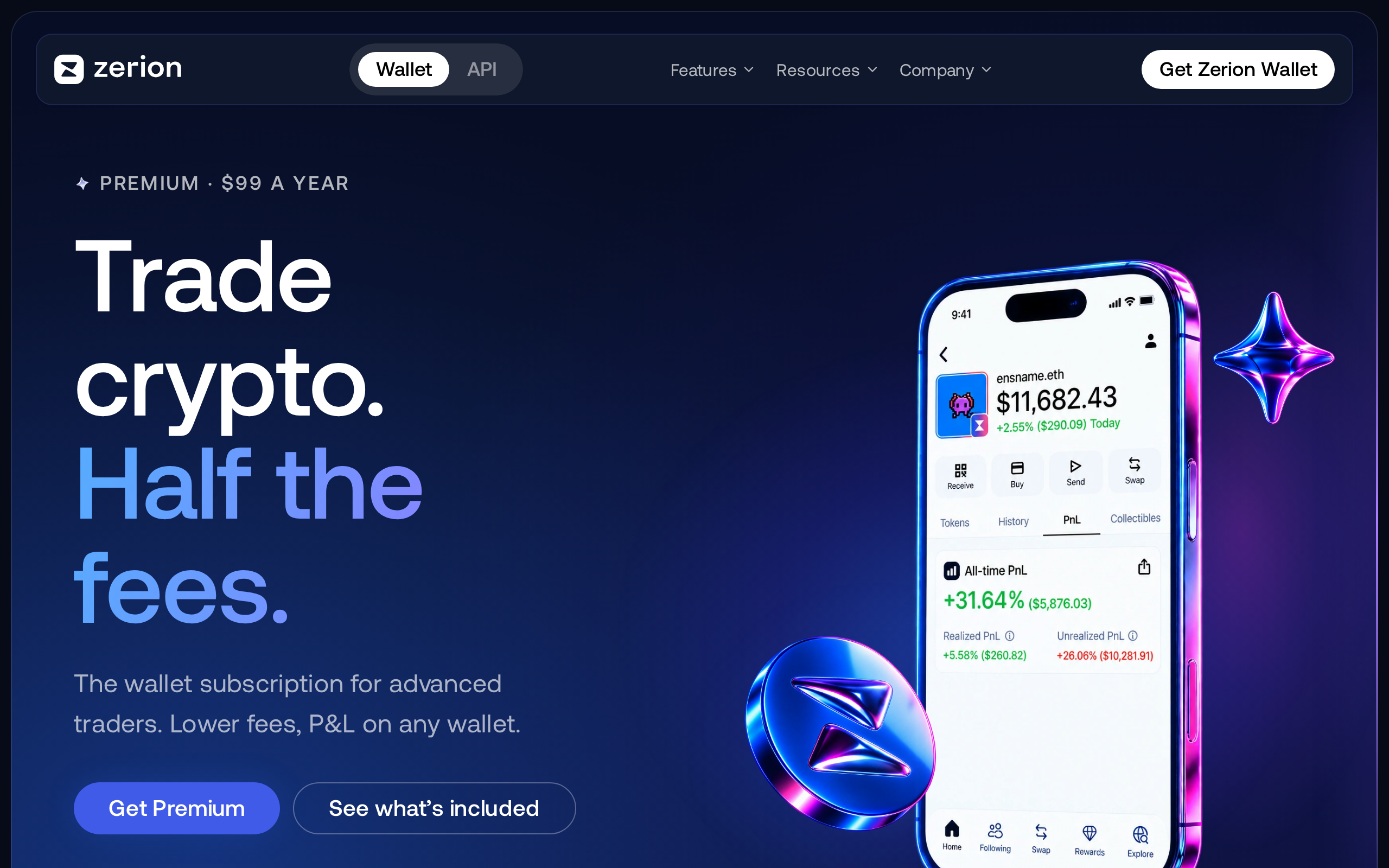 Zerion Premium page with the headline Trade crypto, half the fees, priced at $99